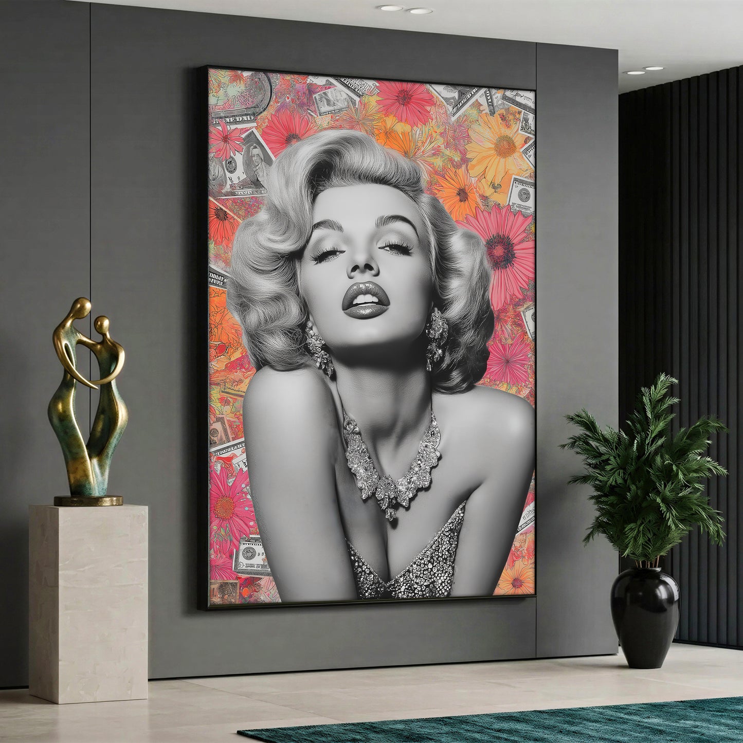 A pop art style canvas painting featuring a glamorous monochrome black and white portrait of Marilyn Monroe with diamond jewelry, set against a vibrant collage background of pink and orange flowers mixed with US dollar bills.
