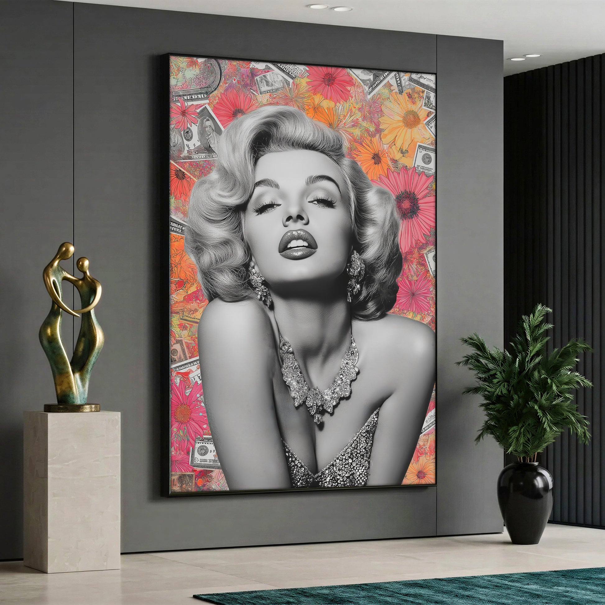 A pop art style canvas painting featuring a glamorous monochrome black and white portrait of Marilyn Monroe with diamond jewelry, set against a vibrant collage background of pink and orange flowers mixed with US dollar bills.