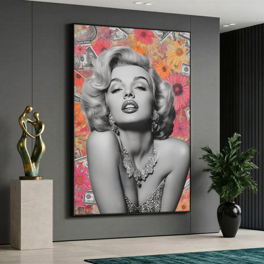 A pop art style canvas painting featuring a glamorous monochrome black and white portrait of Marilyn Monroe with diamond jewelry, set against a vibrant collage background of pink and orange flowers mixed with US dollar bills.