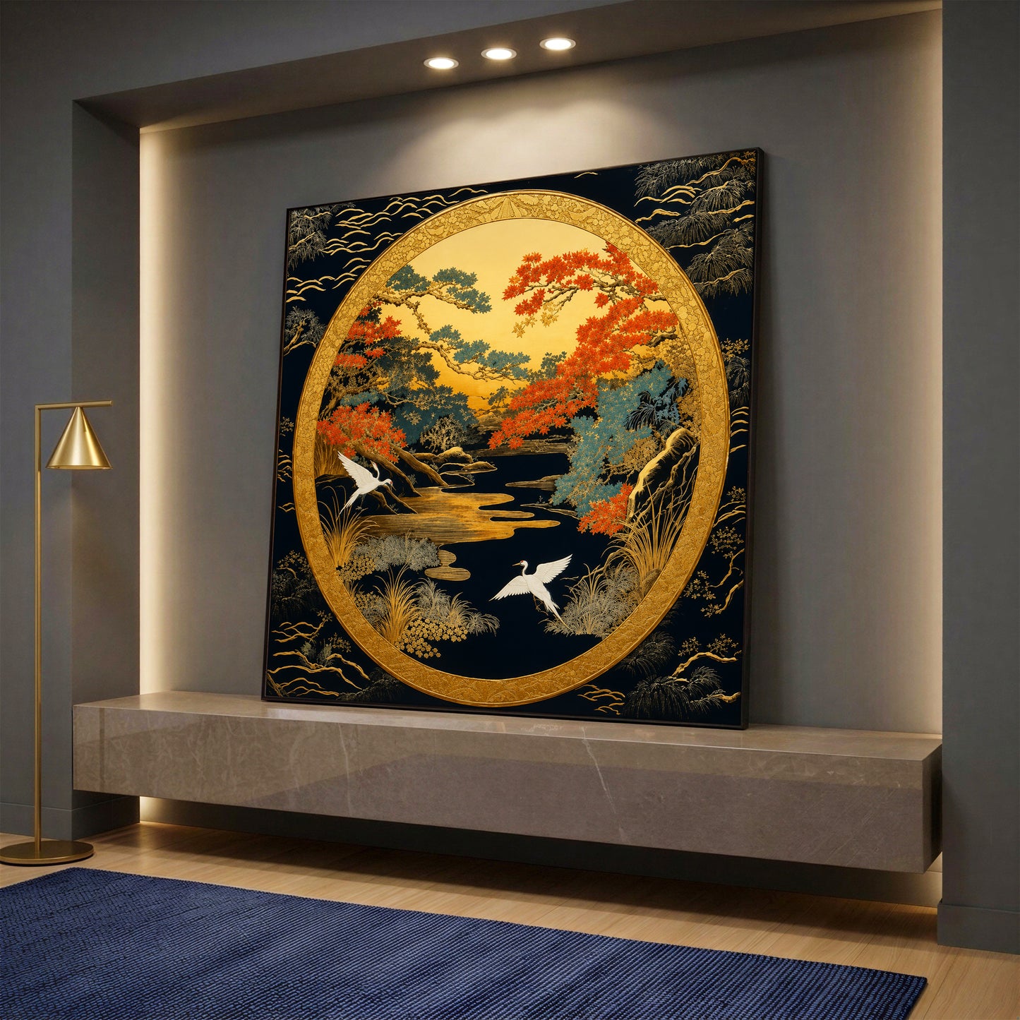 A high-quality oriental canvas print featuring two white Japanese cranes flying over an autumn river landscape, enclosed in a large golden circular frame against a dark background.