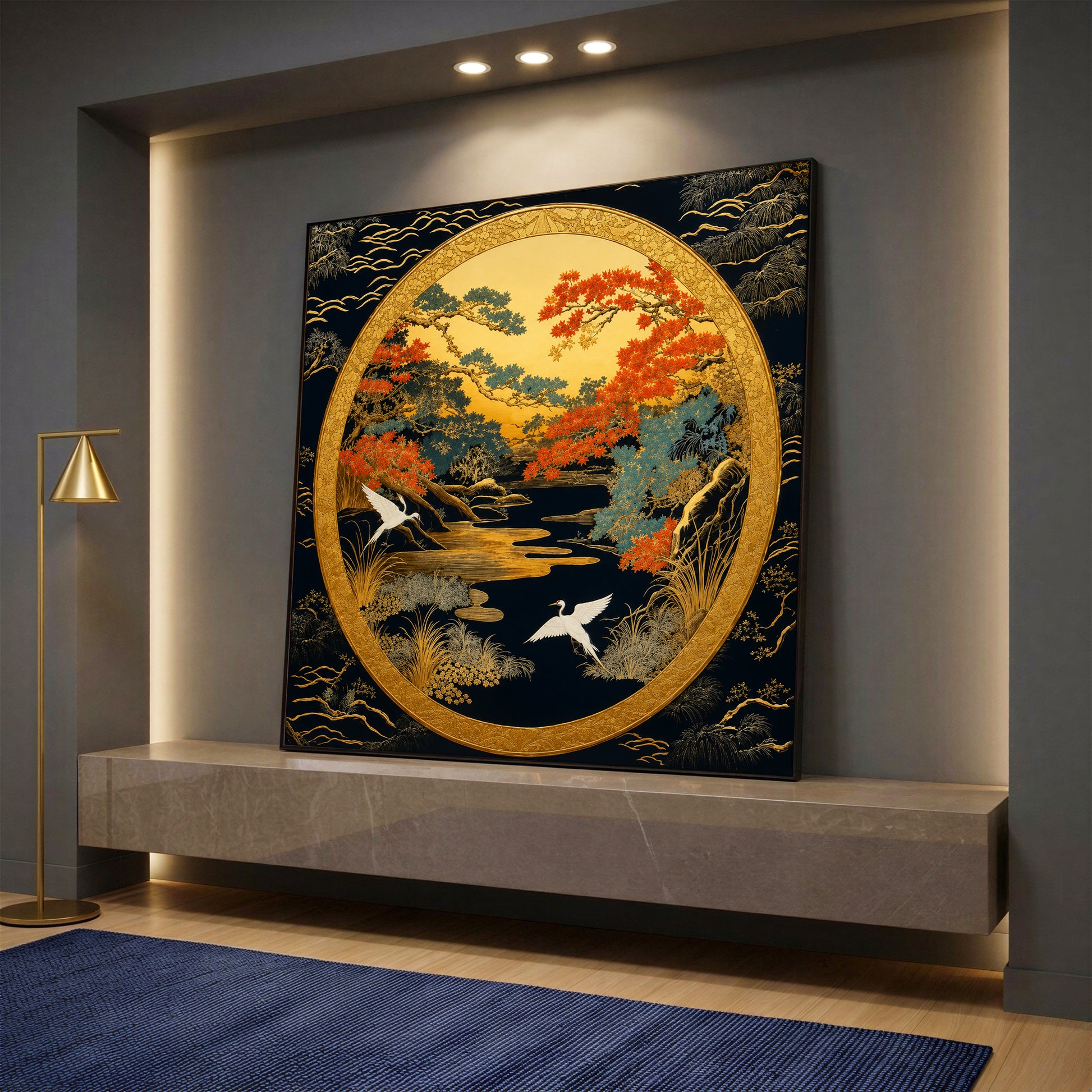 A high-quality oriental canvas print featuring two white Japanese cranes flying over an autumn river landscape, enclosed in a large golden circular frame against a dark background.