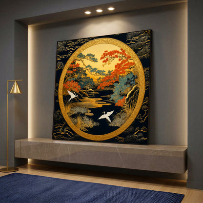 A high-quality oriental canvas print featuring two white Japanese cranes flying over an autumn river landscape, enclosed in a large golden circular frame against a dark background.
