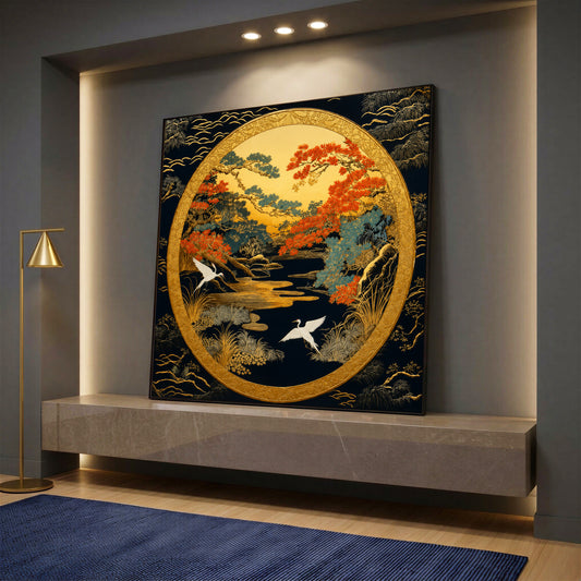 A high-quality oriental canvas print featuring two white Japanese cranes flying over an autumn river landscape, enclosed in a large golden circular frame against a dark background.
