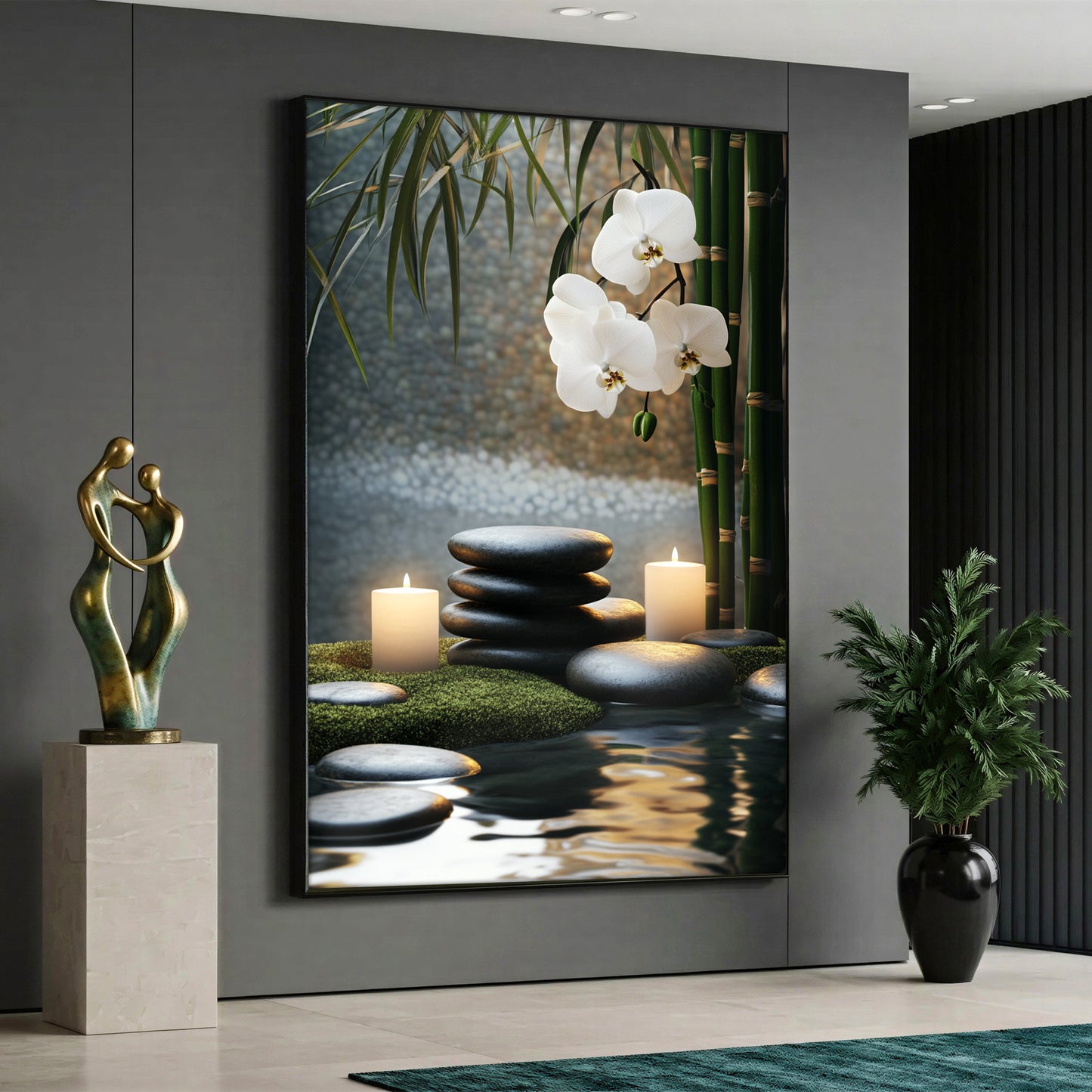 A spa themed Zen canvas painting depicting two lit white candles on green moss next to water, stacked black pebbles, green bamboo stalks, and hanging white orchid flowers.