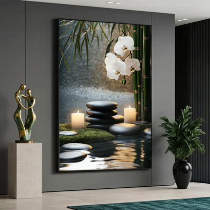 A spa themed Zen canvas painting depicting two lit white candles on green moss next to water, stacked black pebbles, green bamboo stalks, and hanging white orchid flowers.