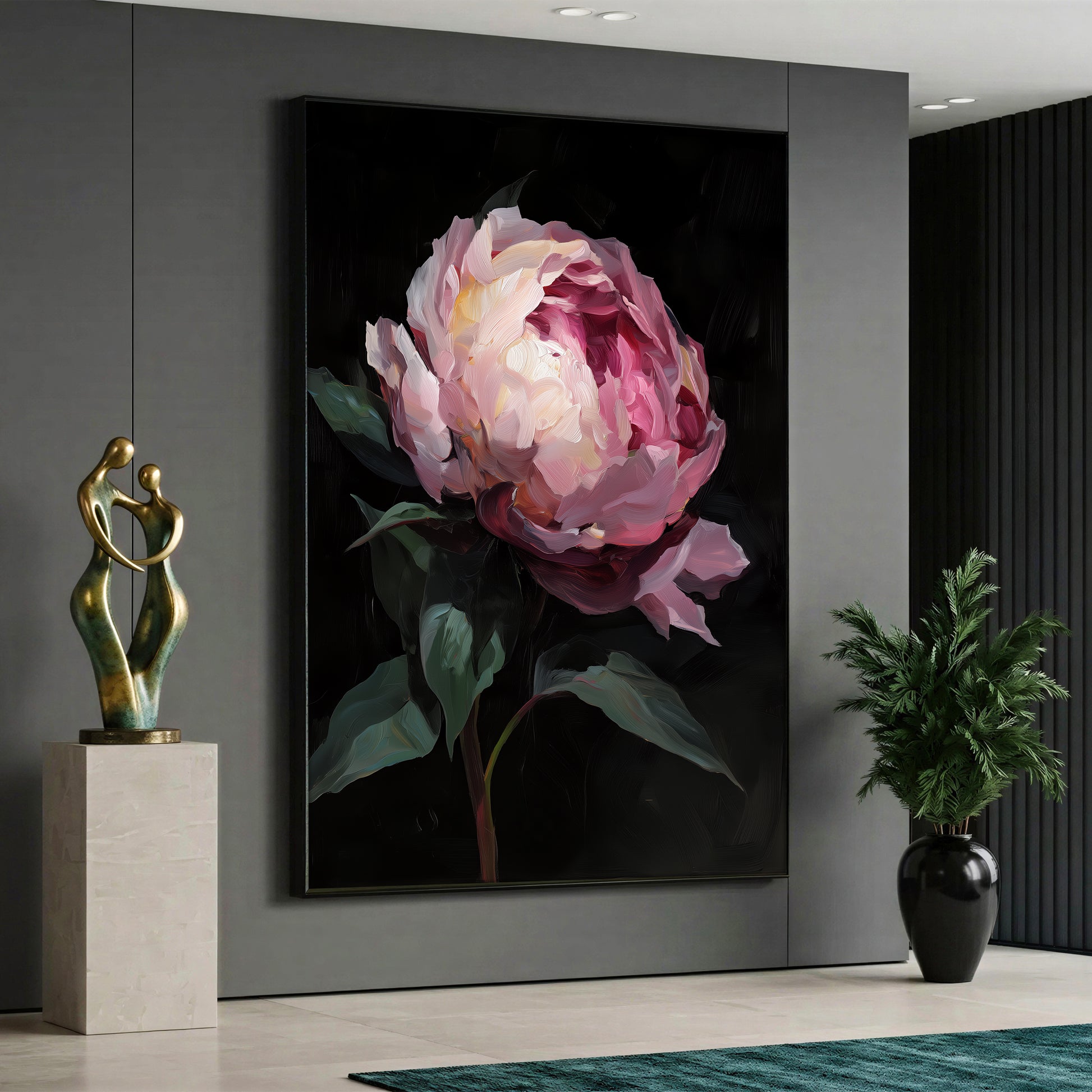 Canvas wall art featuring a large pink and white peony flower illustration on a black background
