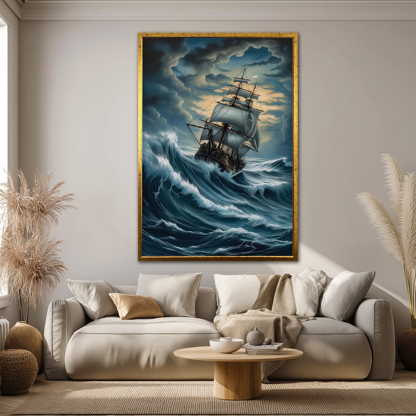 Historical Galleon in Rough Sea Canvas Print - Living Room Wall Decor