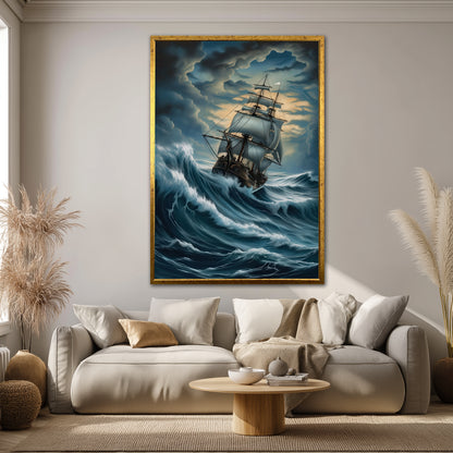 Historical Galleon in Rough Sea Canvas Print - Living Room Wall Decor