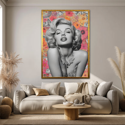 Marilyn Monroe Flower and Dollar Collage Canvas Art - Pop Art Celebrity Print
