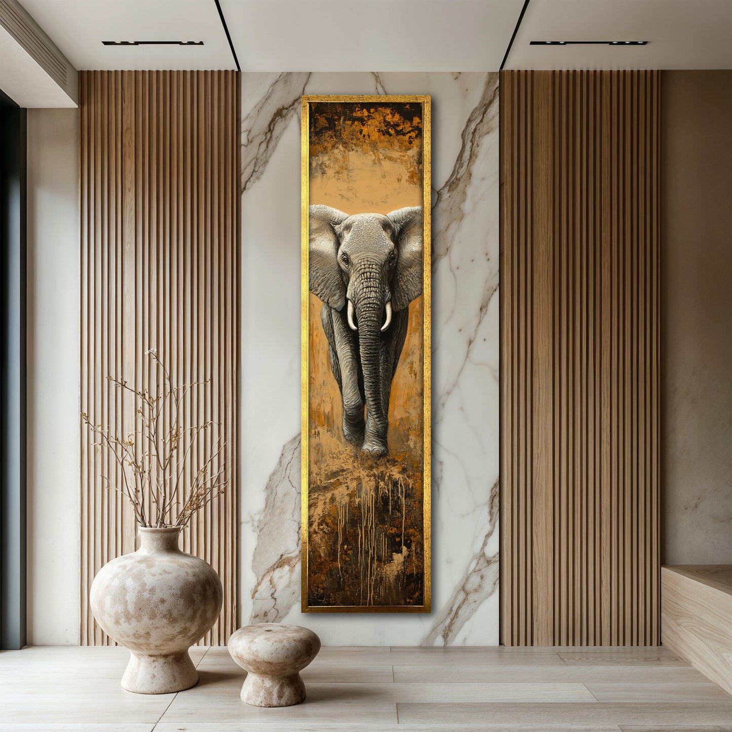 Vertical African Elephant Canvas Painting - Large Animal Wall Hanging for Living Room