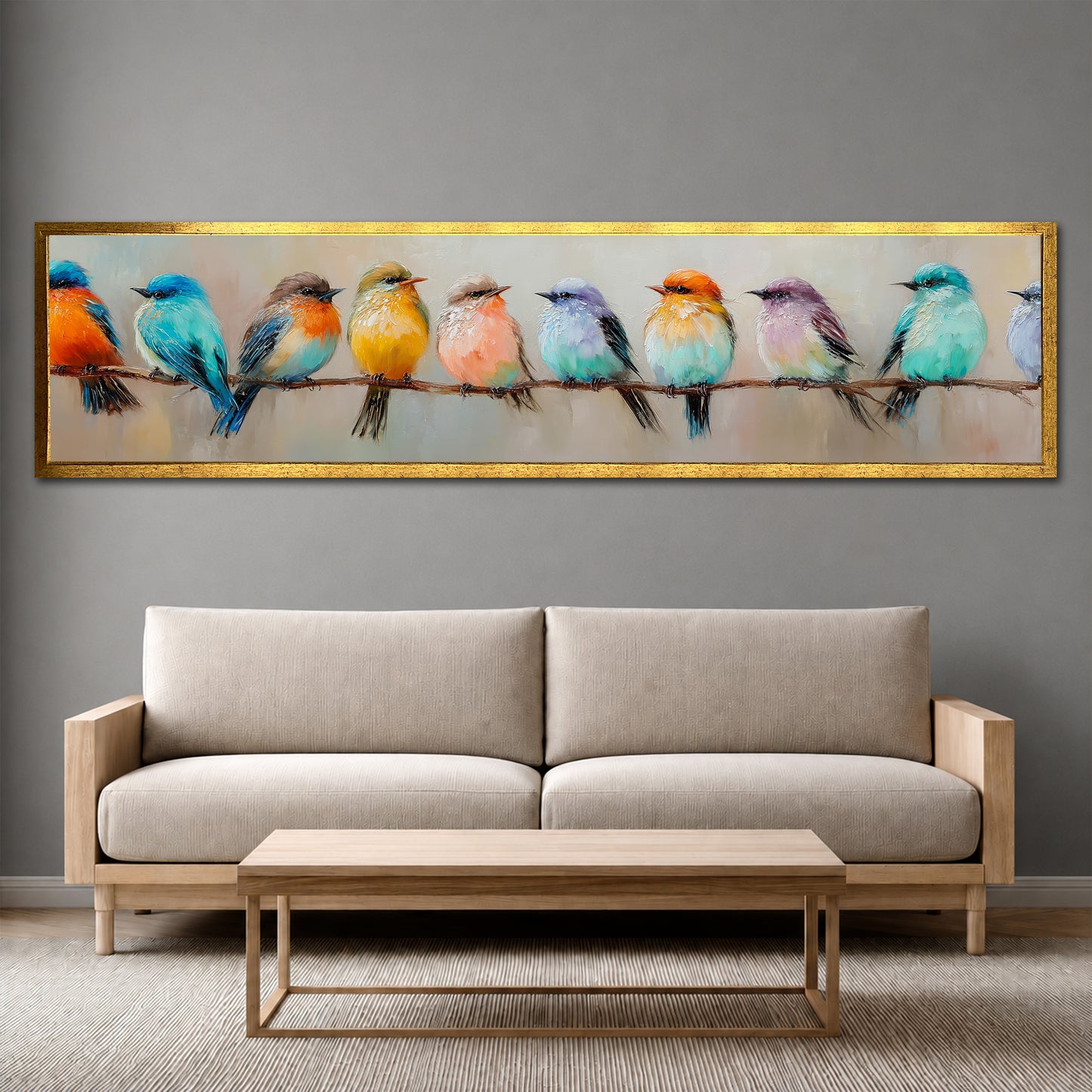 Colorful Birds on a Branch Panoramic Canvas Wall Art - Modern Living Room Decor