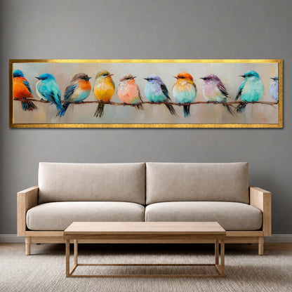 Colorful Birds on a Branch Panoramic Canvas Wall Art - Modern Living Room Decor