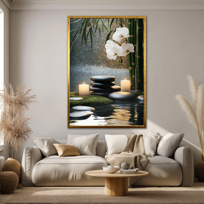 White Orchid and Zen Stones Canvas Art - Spa Burning Candles Print