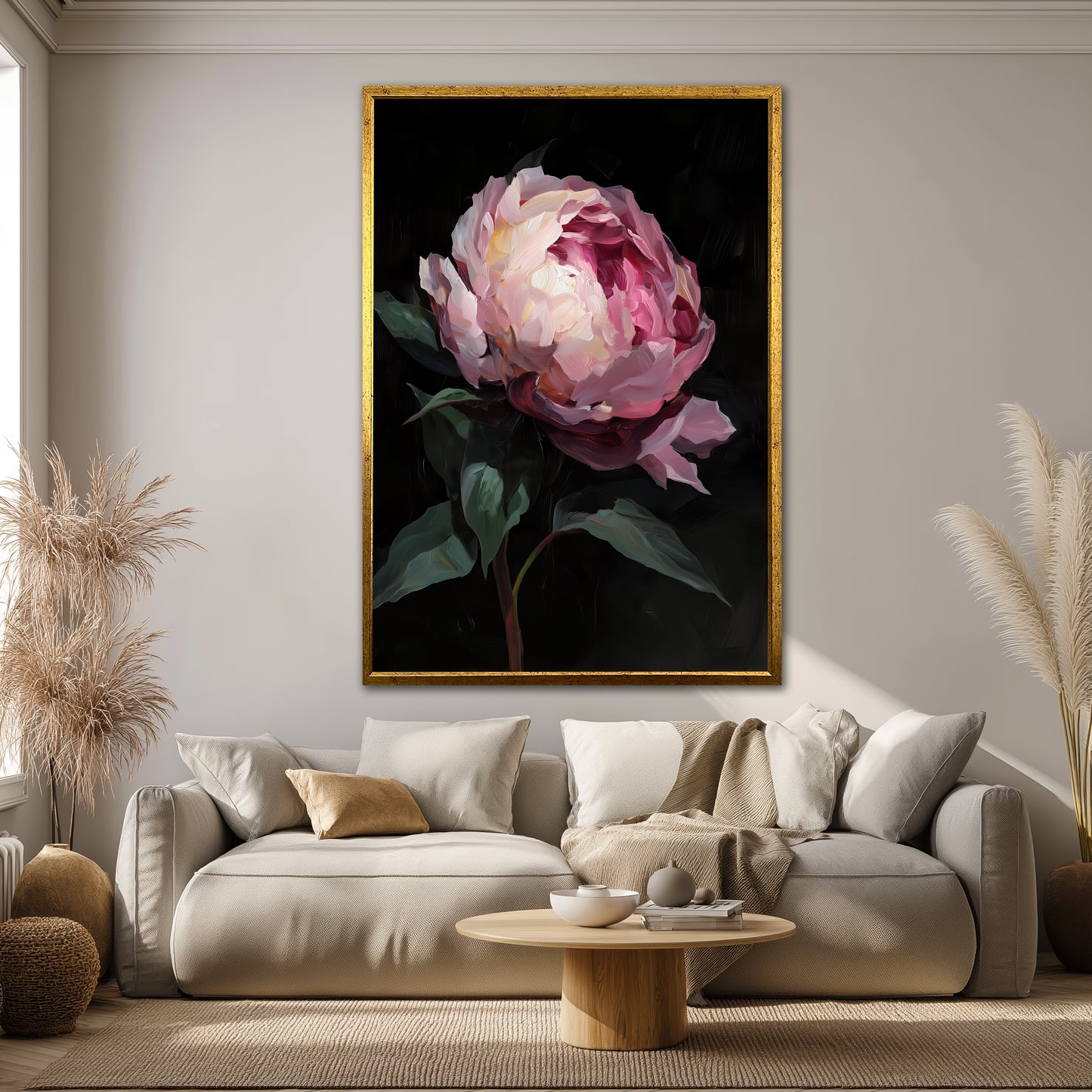 Black Background Pink Peony Canvas Art - Modern Floral Print