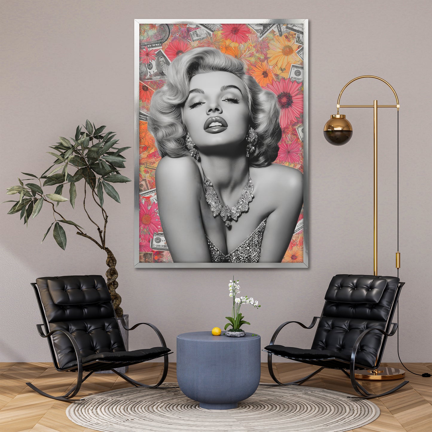 Marilyn Monroe Flower and Dollar Collage Canvas Art - Pop Art Celebrity Print