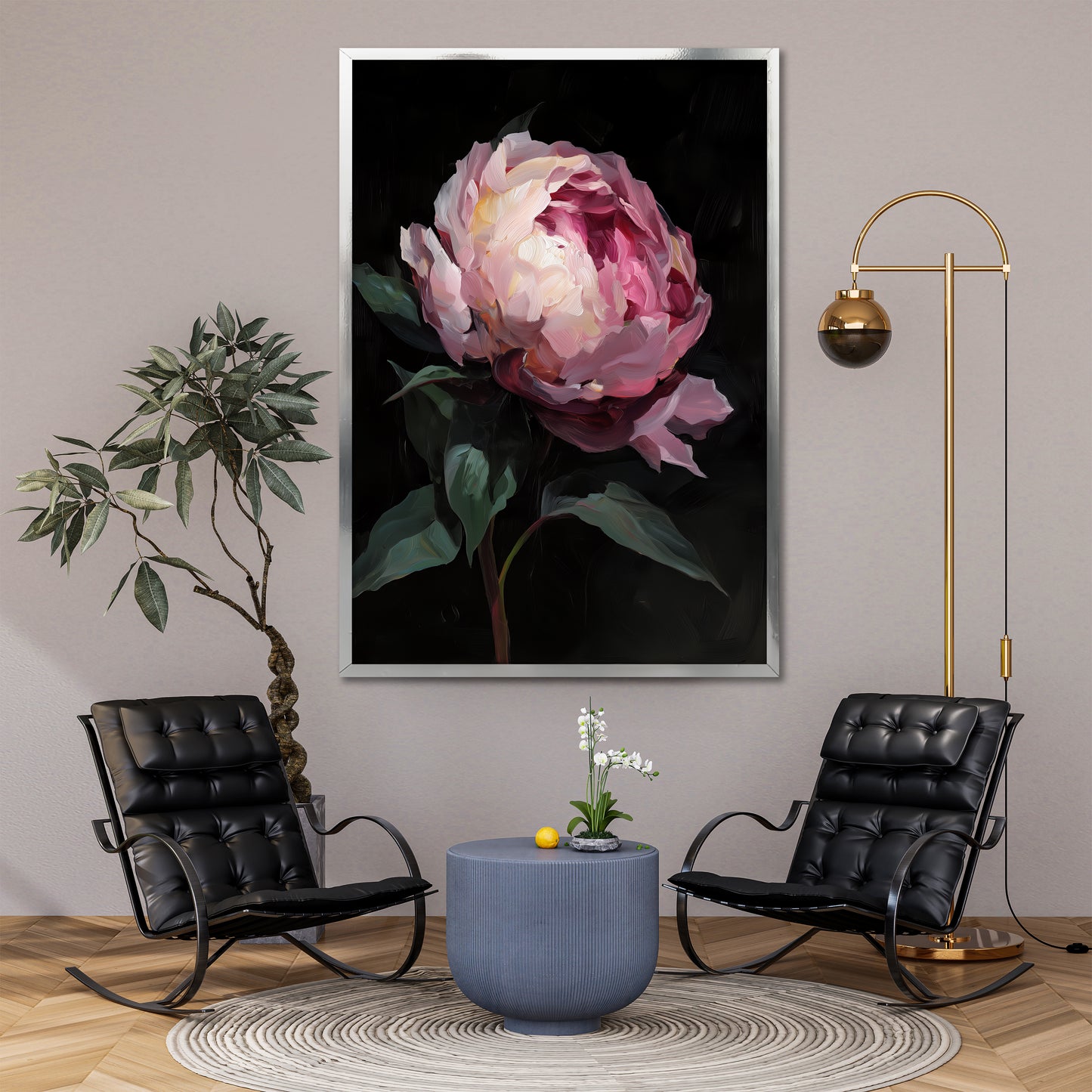 Black Background Pink Peony Canvas Art - Modern Floral Print