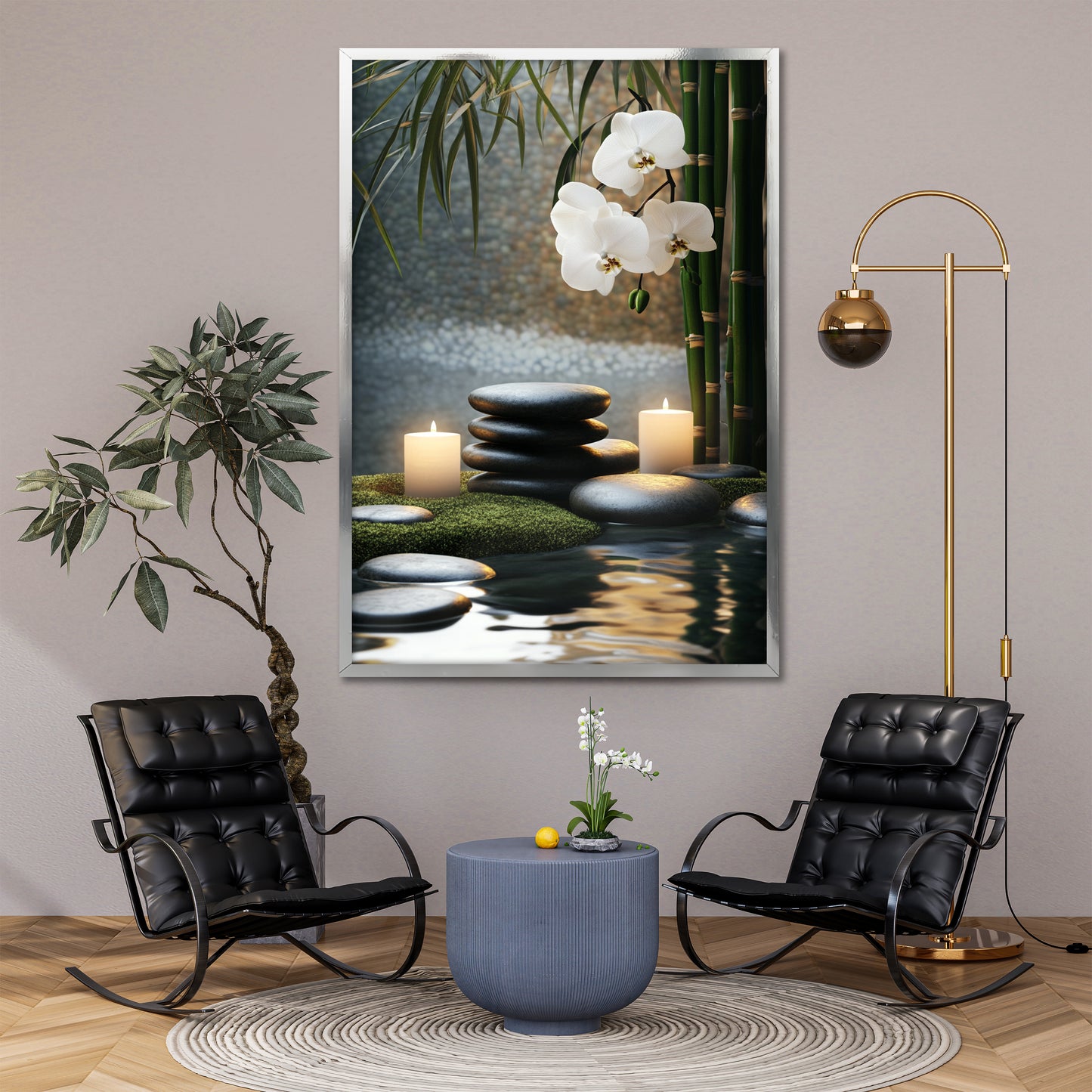 White Orchid and Zen Stones Canvas Art - Spa Burning Candles Print