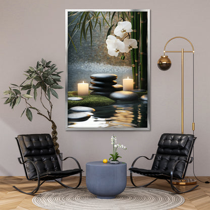 White Orchid and Zen Stones Canvas Art - Spa Burning Candles Print