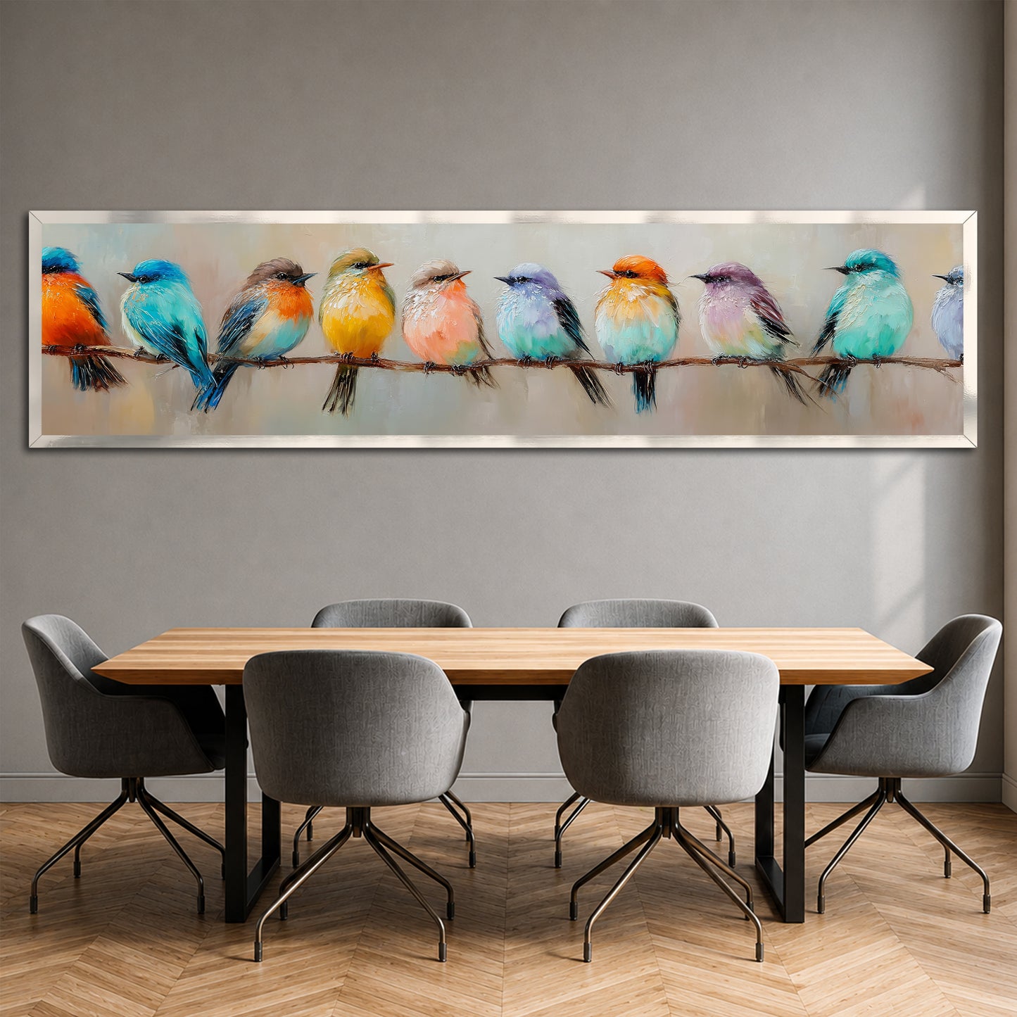 Colorful Birds on a Branch Panoramic Canvas Wall Art - Modern Living Room Decor