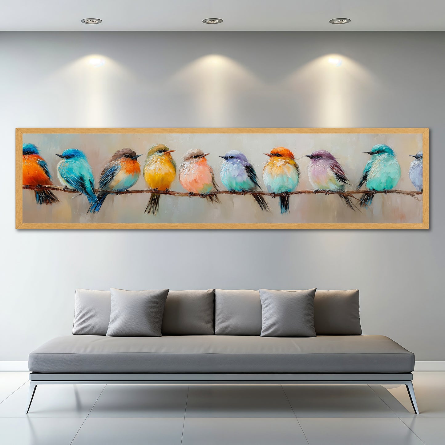 Colorful Birds on a Branch Panoramic Canvas Wall Art - Modern Living Room Decor