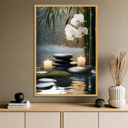 White Orchid and Zen Stones Canvas Art - Spa Burning Candles Print
