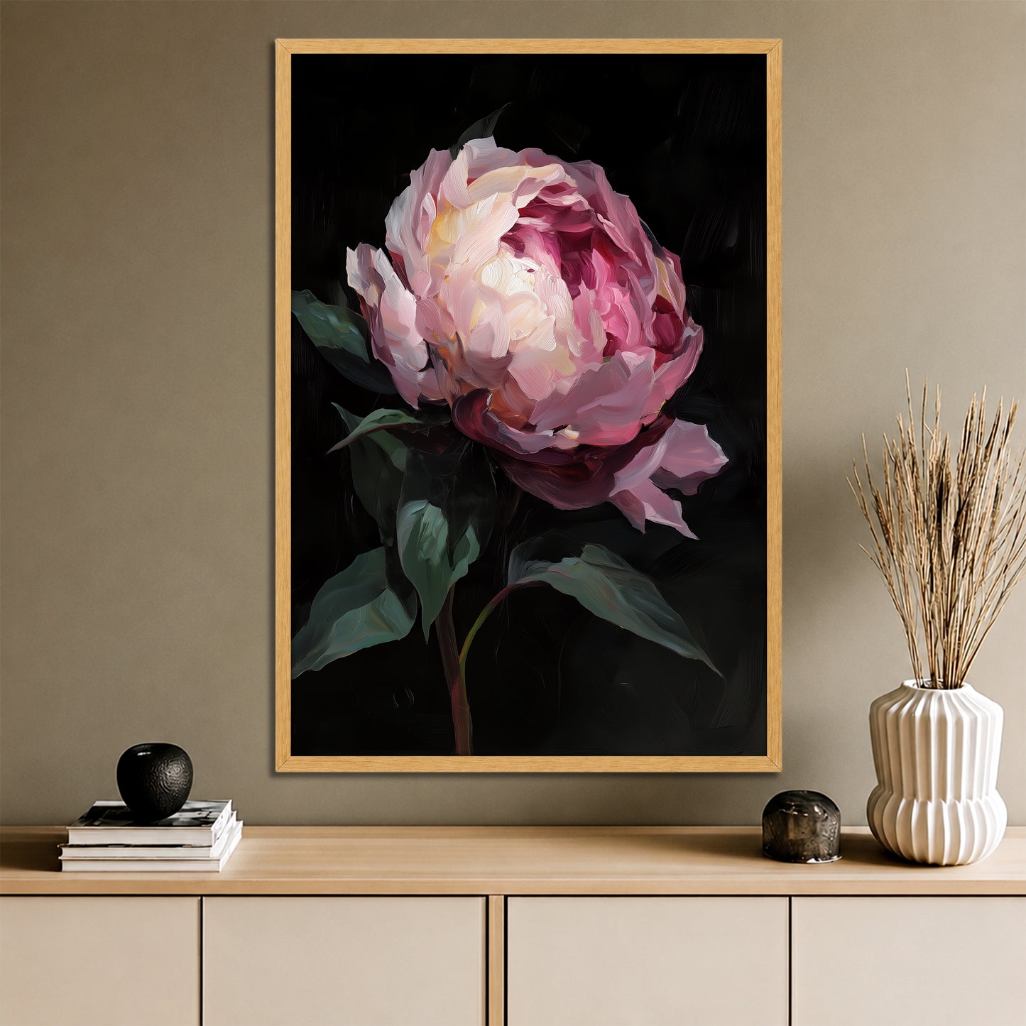 Black Background Pink Peony Canvas Art - Modern Floral Print