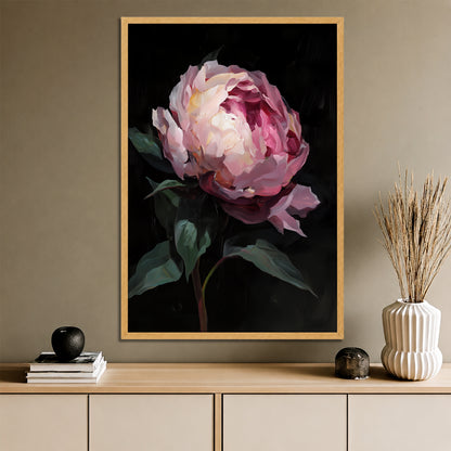 Black Background Pink Peony Canvas Art - Modern Floral Print