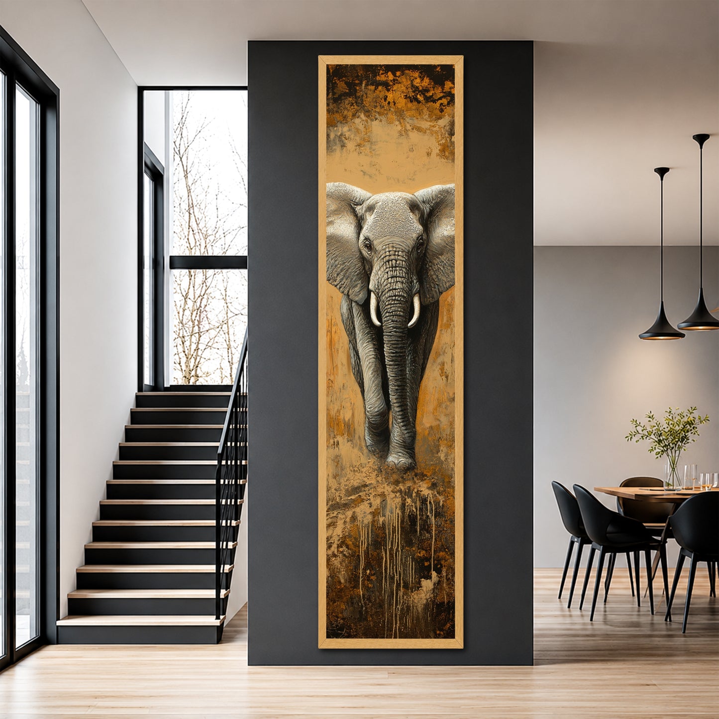 Vertical African Elephant Canvas Painting - Large Animal Wall Hanging for Living Room