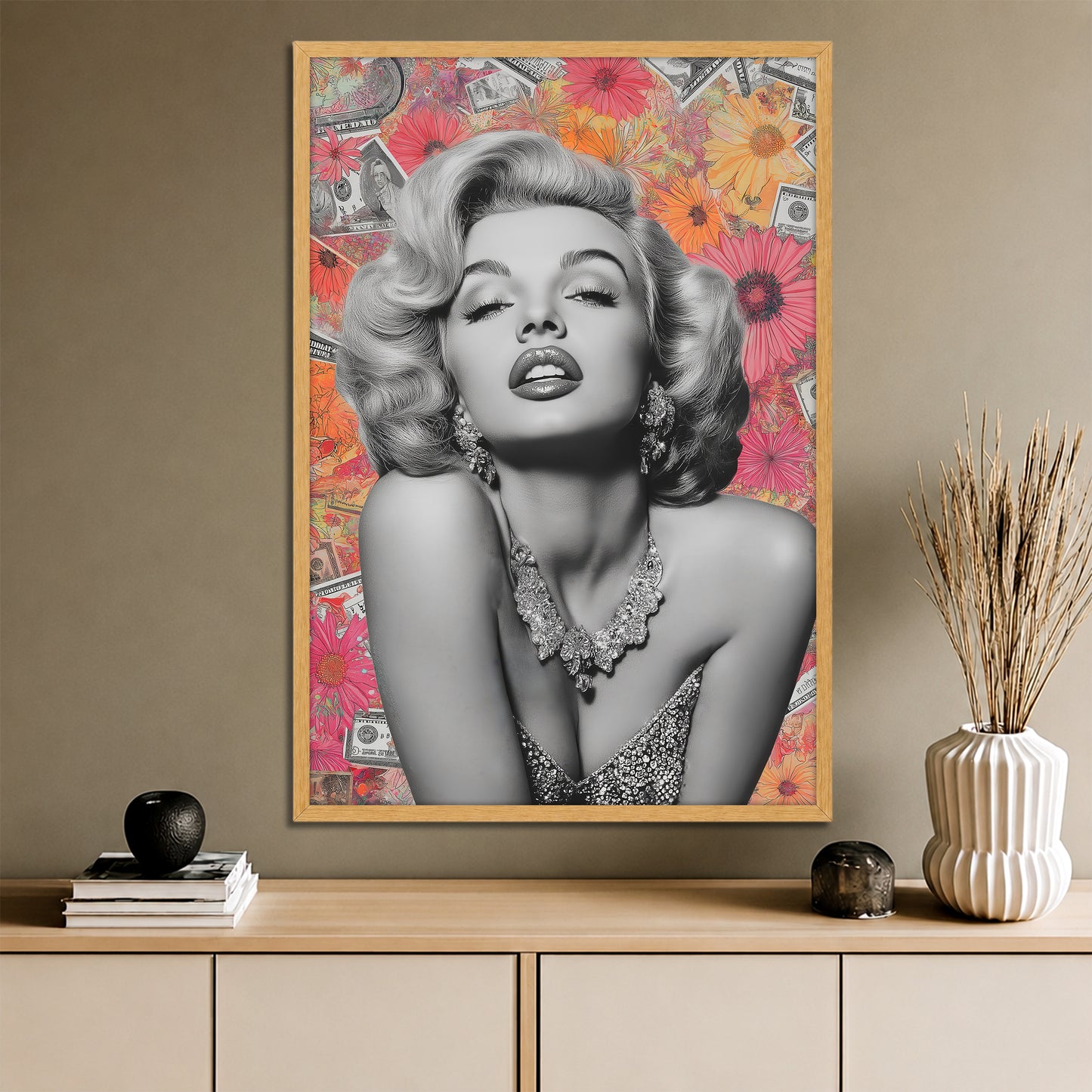 Marilyn Monroe Flower and Dollar Collage Canvas Art - Pop Art Celebrity Print