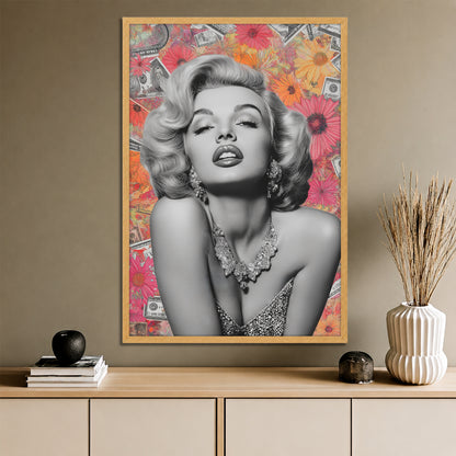 Marilyn Monroe Flower and Dollar Collage Canvas Art - Pop Art Celebrity Print