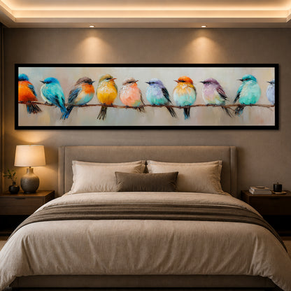 Colorful Birds on a Branch Panoramic Canvas Wall Art - Modern Living Room Decor