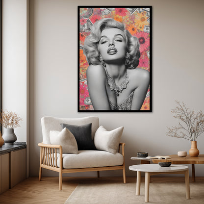 Marilyn Monroe Flower and Dollar Collage Canvas Art - Pop Art Celebrity Print