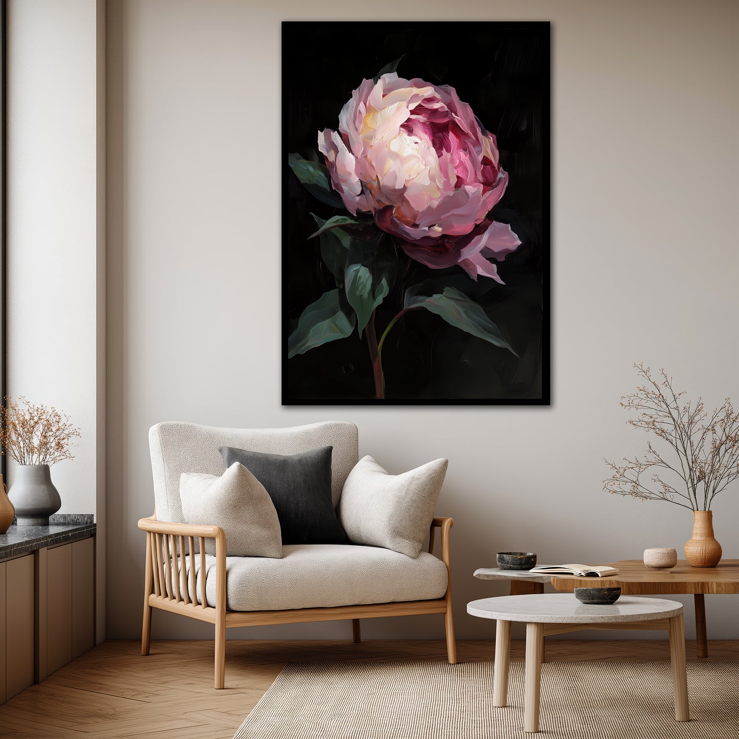 Black Background Pink Peony Canvas Art - Modern Floral Print
