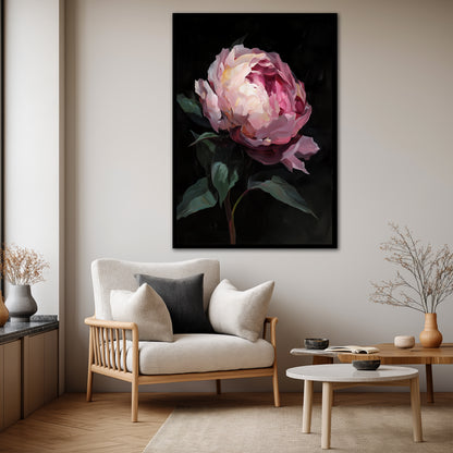 Black Background Pink Peony Canvas Art - Modern Floral Print