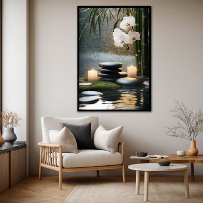 White Orchid and Zen Stones Canvas Art - Spa Burning Candles Print