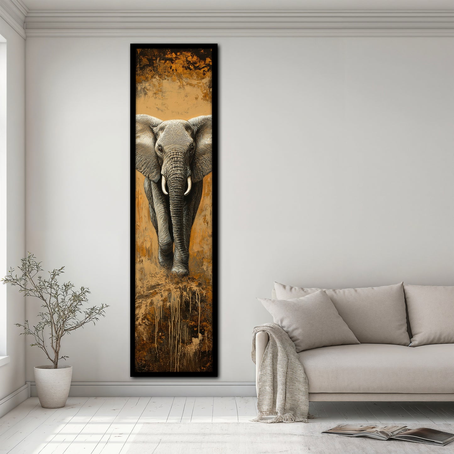 Vertical African Elephant Canvas Painting - Large Animal Wall Hanging for Living Room