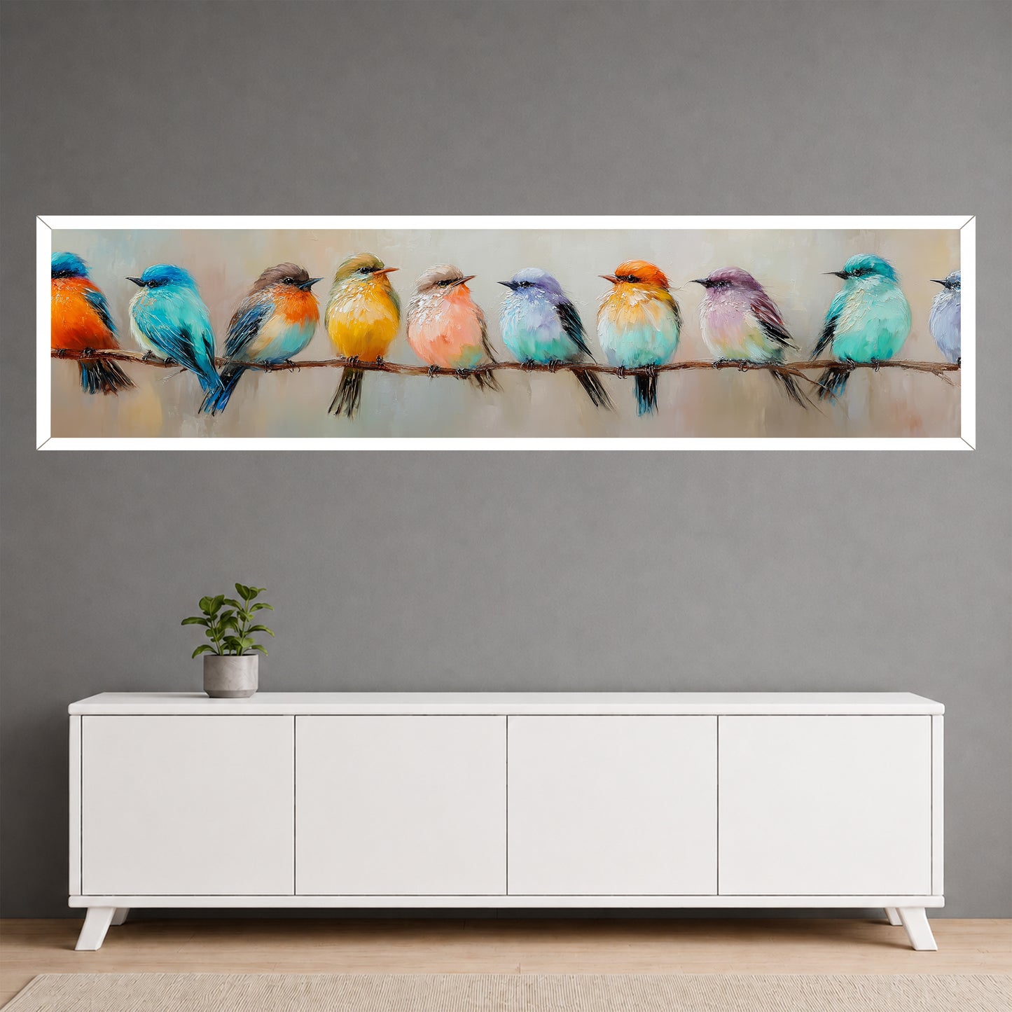 Colorful Birds on a Branch Panoramic Canvas Wall Art - Modern Living Room Decor