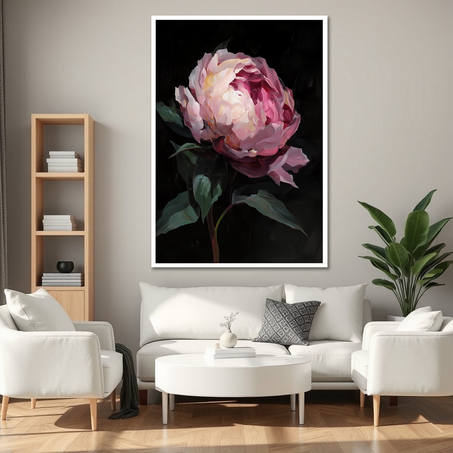 Black Background Pink Peony Canvas Art - Modern Floral Print