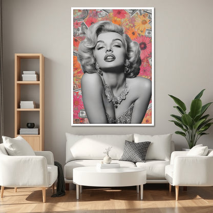 Marilyn Monroe Flower and Dollar Collage Canvas Art - Pop Art Celebrity Print