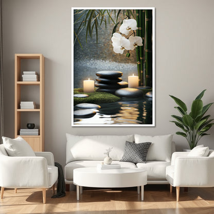 White Orchid and Zen Stones Canvas Art - Spa Burning Candles Print