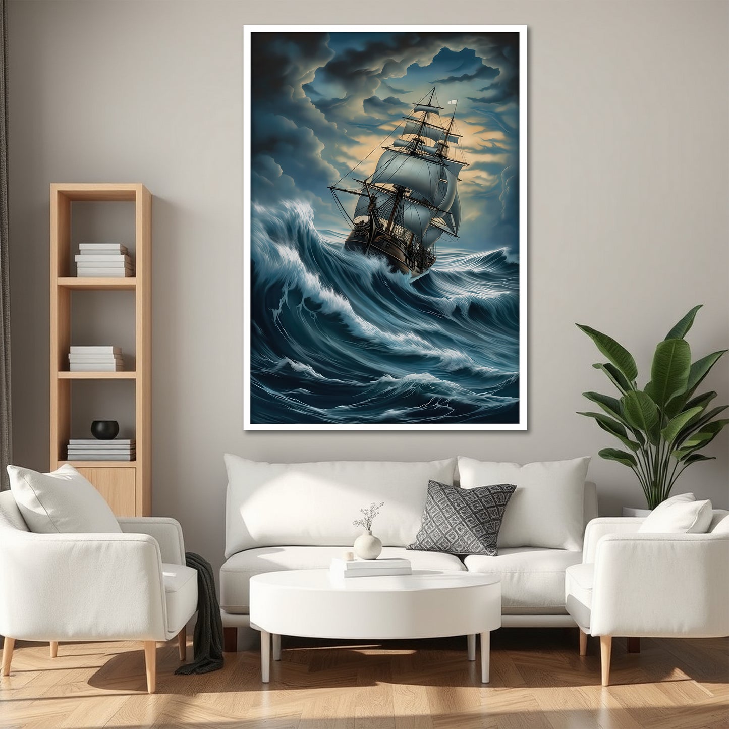 Historical Galleon in Rough Sea Canvas Print - Living Room Wall Decor