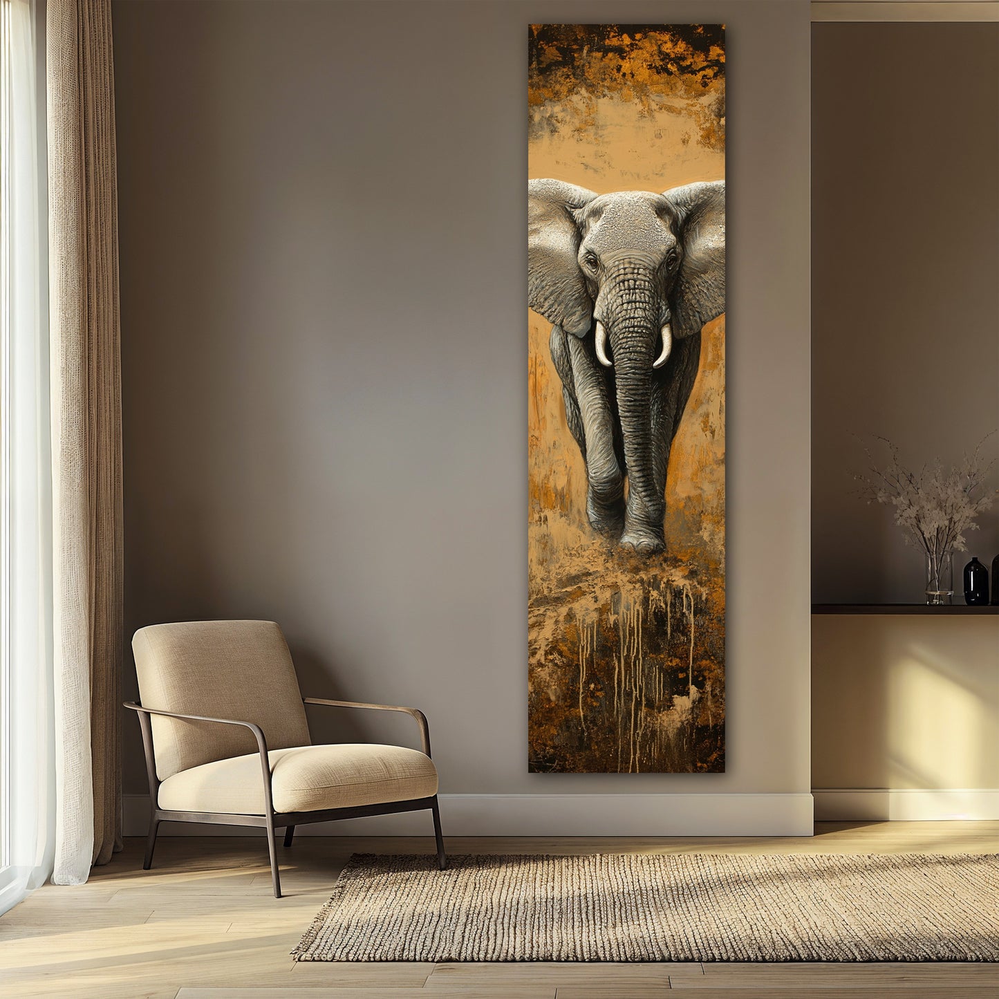 Vertical African Elephant Canvas Painting - Large Animal Wall Hanging for Living Room