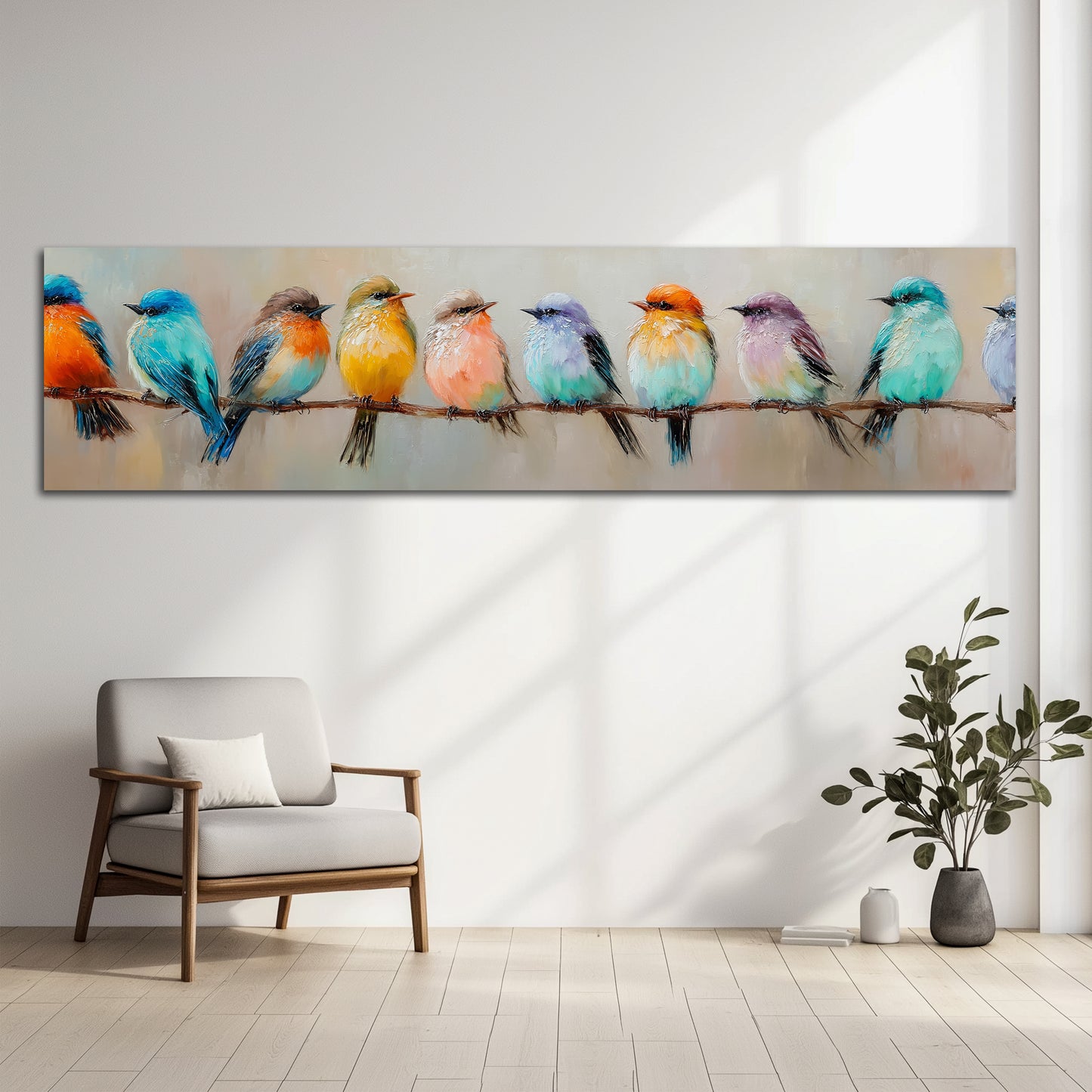 Colorful Birds on a Branch Panoramic Canvas Wall Art - Modern Living Room Decor