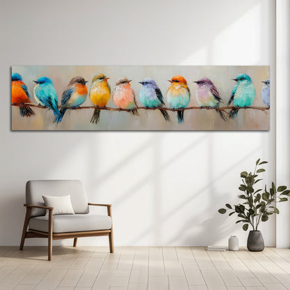 Colorful Birds on a Branch Panoramic Canvas Wall Art - Modern Living Room Decor