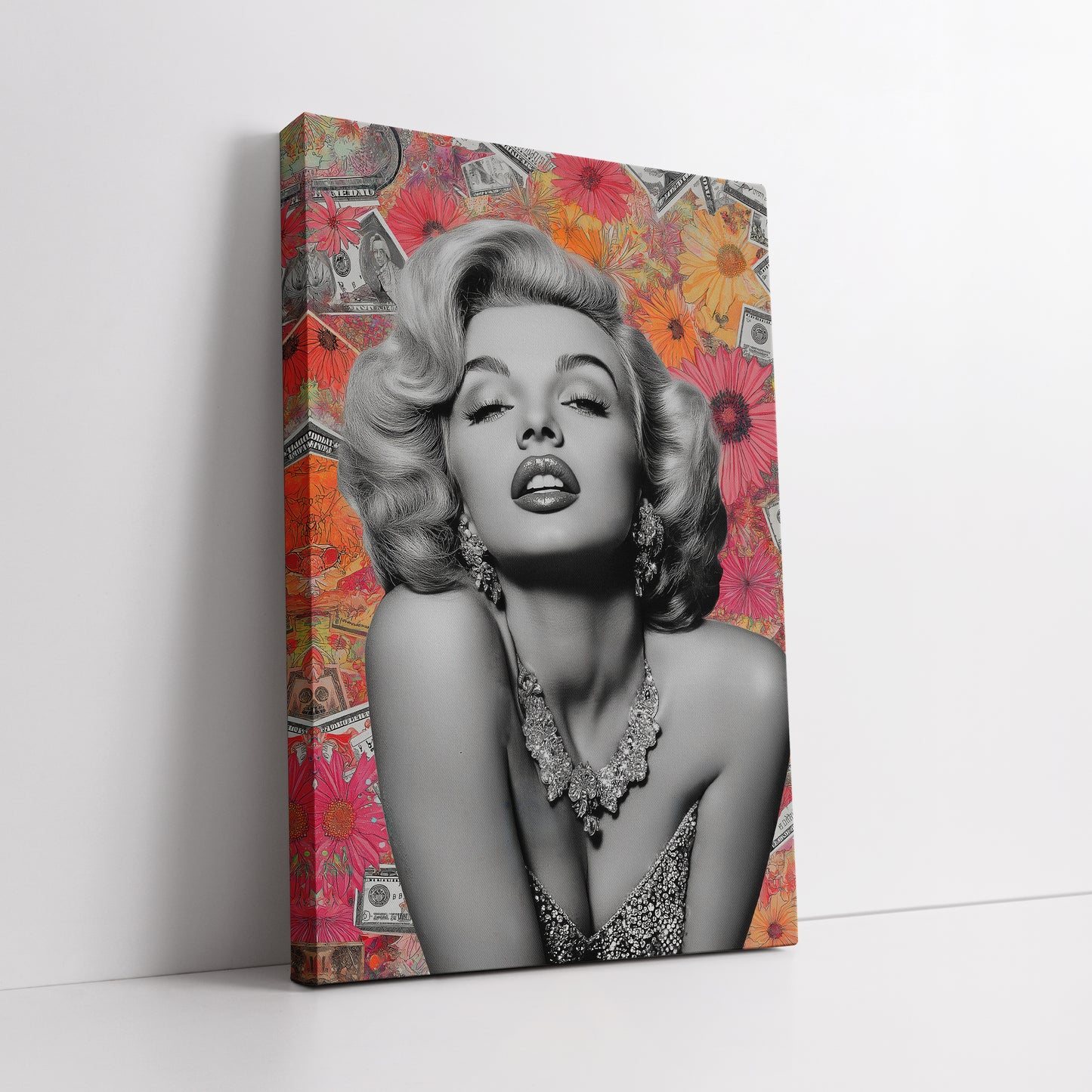 Marilyn Monroe Flower and Dollar Collage Canvas Art - Pop Art Celebrity Print