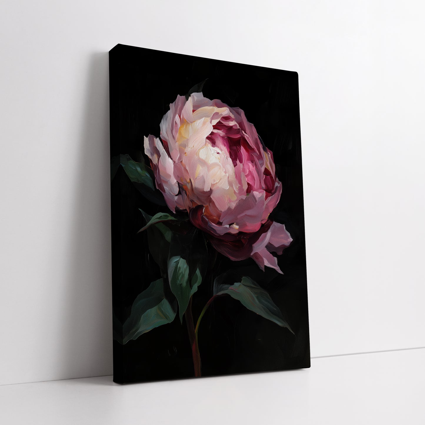Black Background Pink Peony Canvas Art - Modern Floral Print