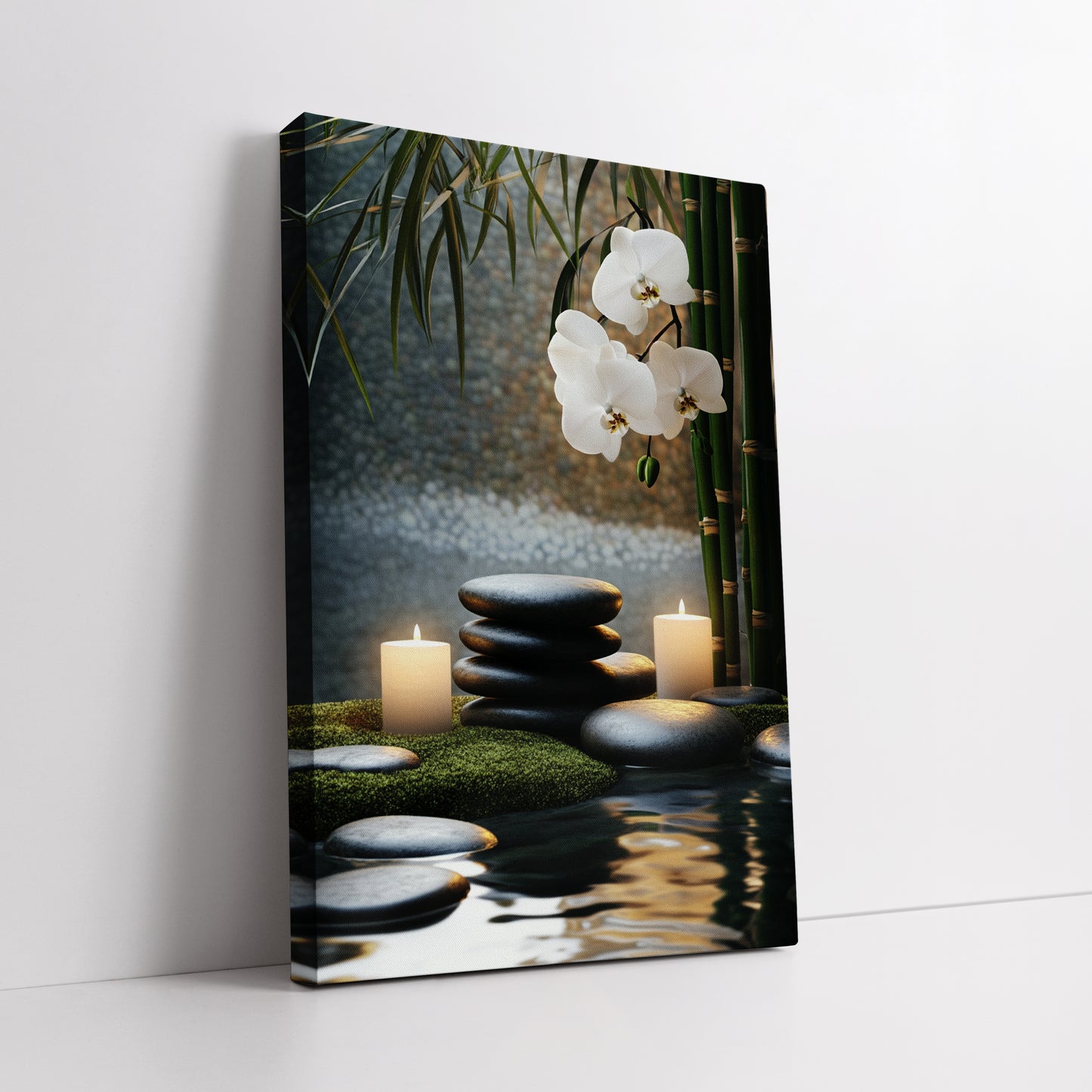 White Orchid and Zen Stones Canvas Art - Spa Burning Candles Print