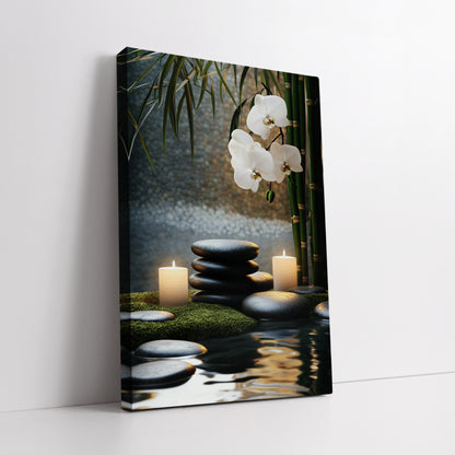 White Orchid and Zen Stones Canvas Art - Spa Burning Candles Print