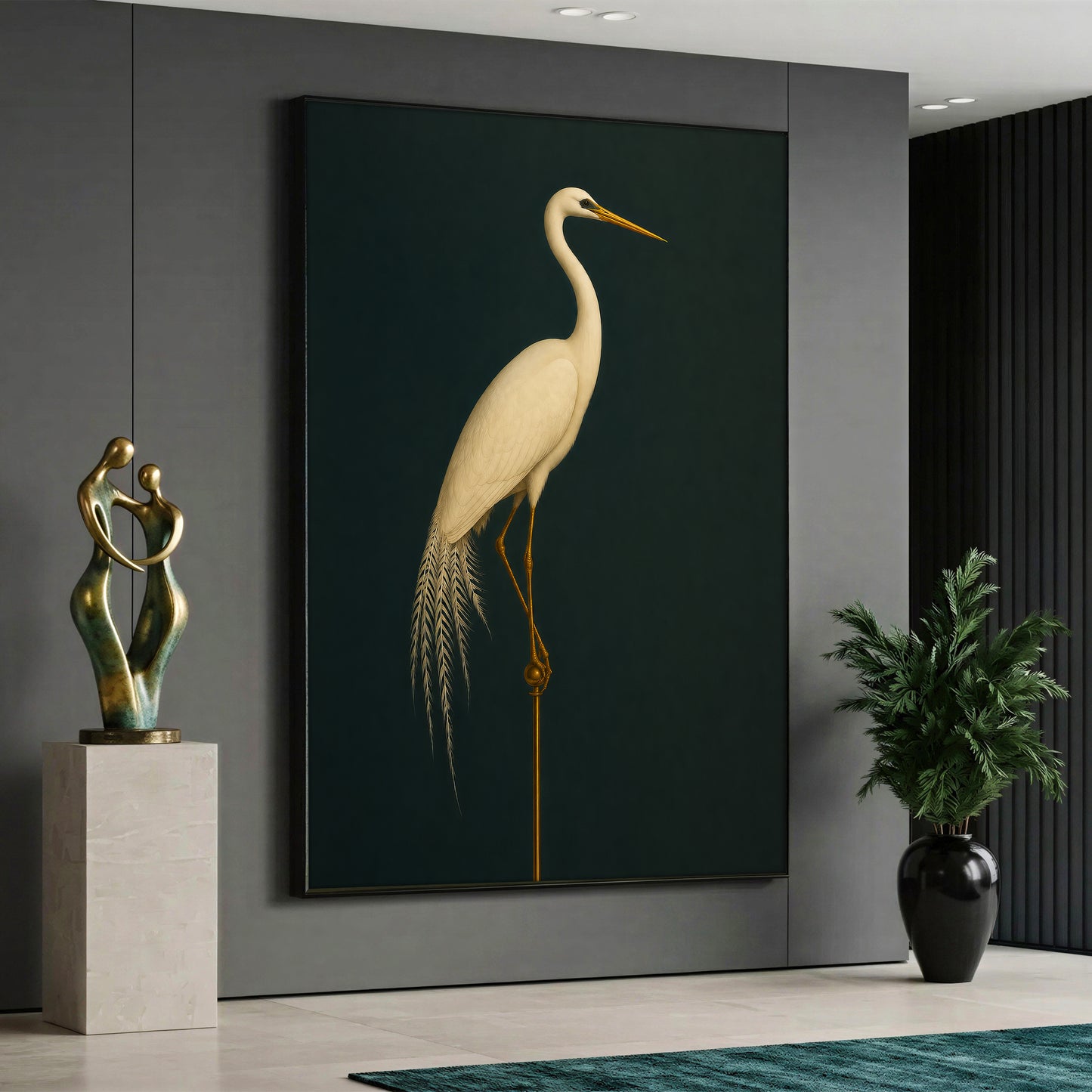 Emerald Green and Gold Crane Canvas Print - Modern Wall Art