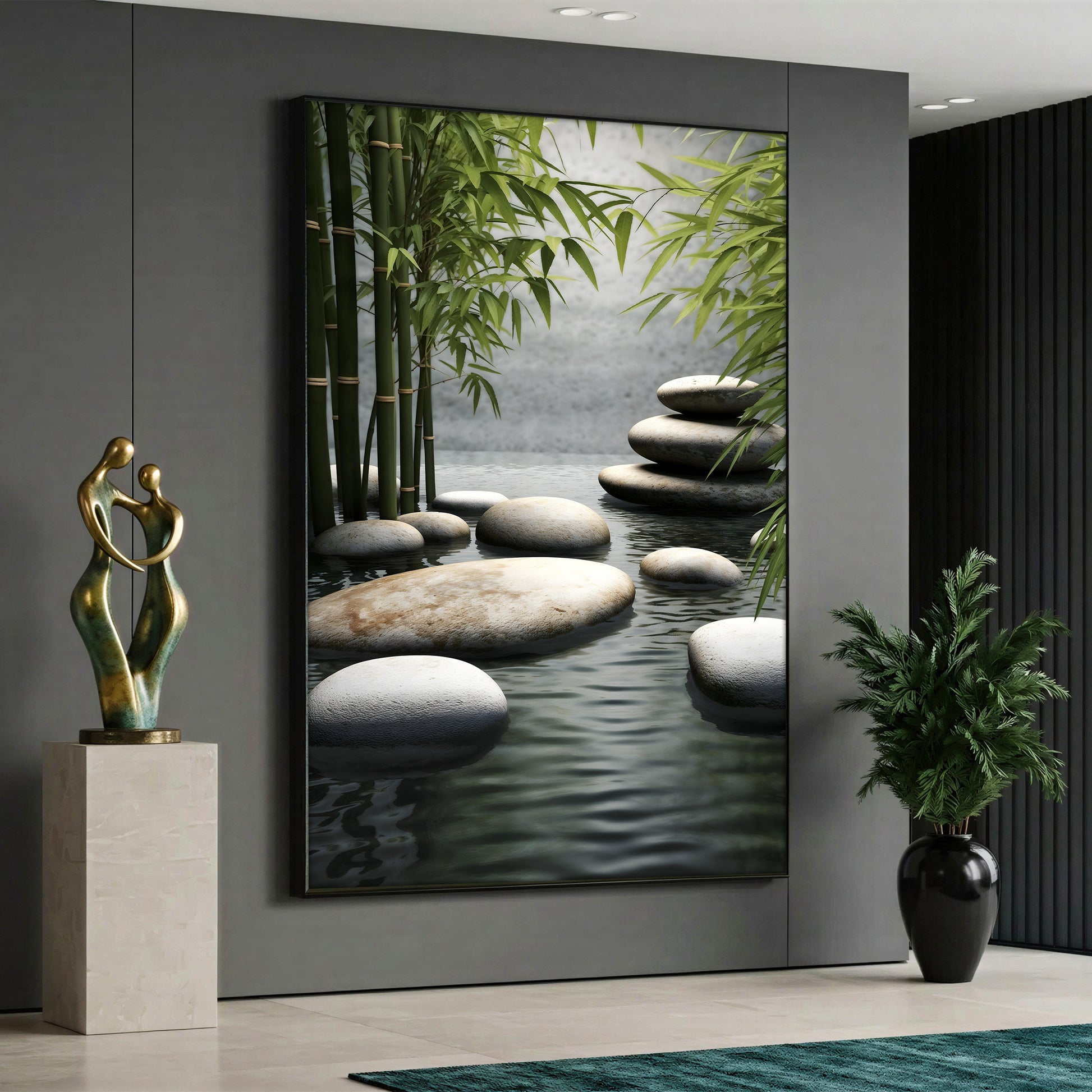 A Zen nature canvas painting depicting large, smooth pebbles gathered and stacked on a calm water surface, with green bamboo stalks rising on the side and soft ripples in the water.